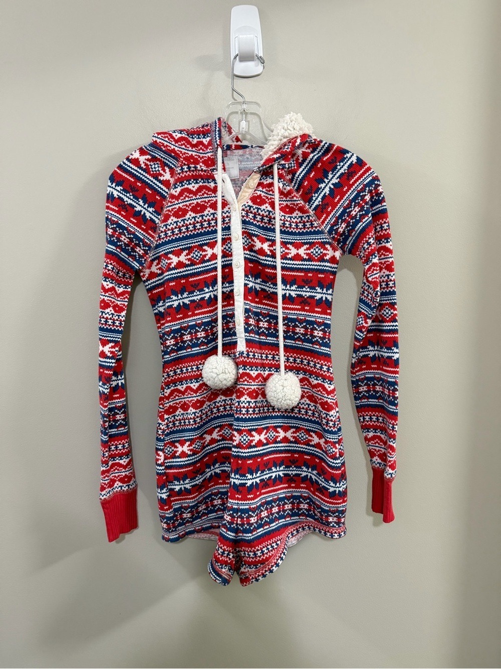 Abercrombie & Fitch Red & Navy Fair Isle Hooded Long Sleeve One-Piece Romper.